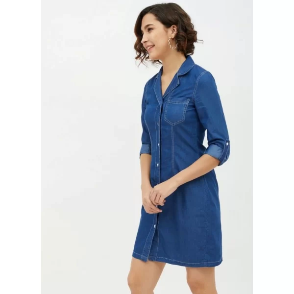 Generic Women's Denim Solid Long Sleeves Above Knee Dress (Blue) - Image 3