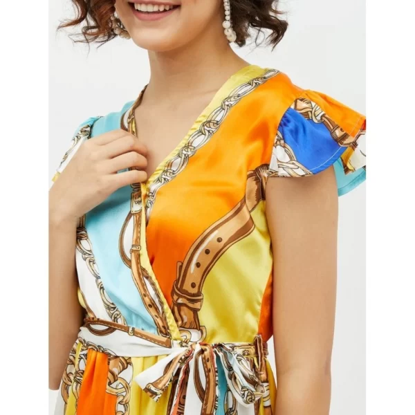 Generic Women's Satin Chain Print Cap Sleeve Calf-length Dress (Multicolor) - Image 2