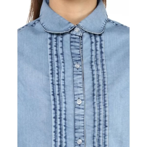 Generic Women's Denim Solid 3-4th Sleeves Standard Length Shirt (Blue) - Image 2