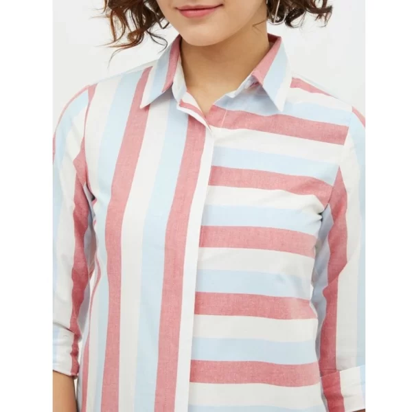 Generic Women's Cotton Striped Long Sleeves Standard Length Shirt (Pink) - Image 2