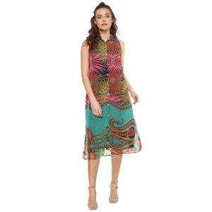 Generic Women's Polyester Floral Sleeveless Below Knee Dress (Multicolor)