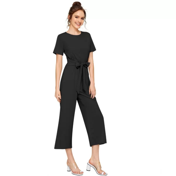 Generic Women's Knitting stretchable Solid Round Neck Cap Sleeve Jumpsuit (Black) - Image 4
