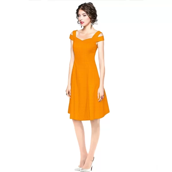 Generic Women's Polyester Solid V Neck Cap Sleeve off Shoulder Dress (Yellow) - Image 2