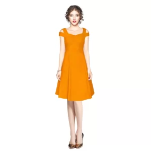 Generic Women's Polyester Solid V Neck Cap Sleeve off Shoulder Dress (Yellow)