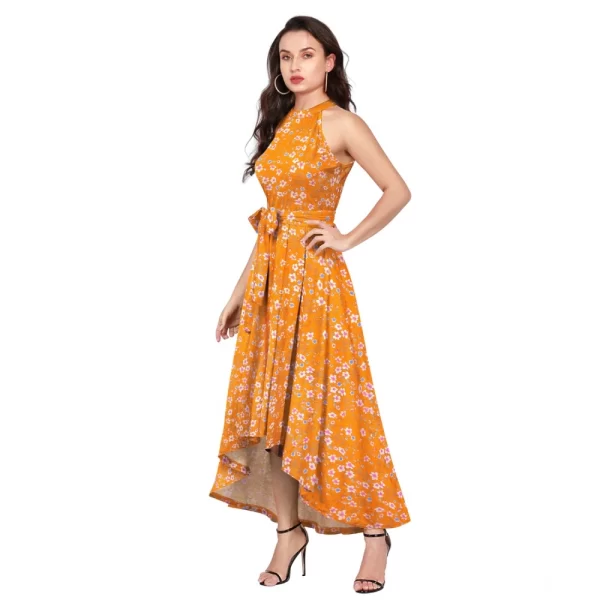 Generic Women's Polyester Printed Halter Neck Sleeveless Dress (Yellow) - Image 2