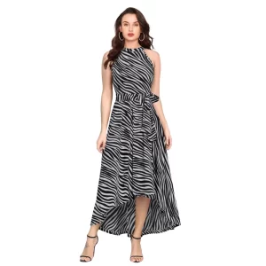 Generic Women's Polyester Zebra Pattern Halter Neck Sleeveless Dress (Navy Blue)