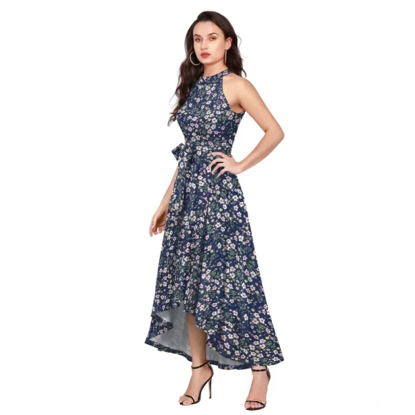 Generic Women's Polyester Printed Halter Neck Sleeveless Dress (Blue) - Image 2