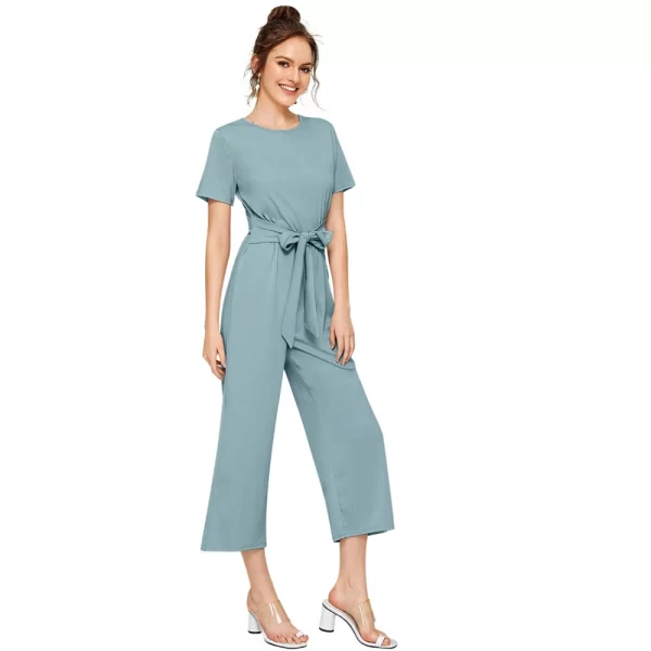 Generic Women's Knitting stretchable Solid Round Neck Cap Sleeve Jumpsuit (Pista ) - Image 4
