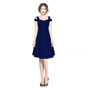 Generic Women's Polyester Solid V Neck Cap Sleeve off Shoulder Dress (Blue)