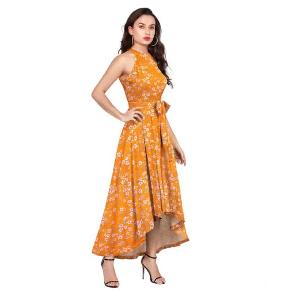 Generic Women's Polyester Printed Halter Neck Sleeveless Dress (Yellow) - Image 4