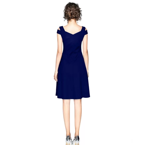 Generic Women's Polyester Solid V Neck Cap Sleeve off Shoulder Dress (Blue) - Image 5