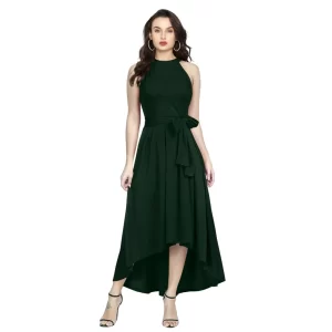 Generic Women's Polyster Solid Halter Neck Sleeveless Dress (Green)