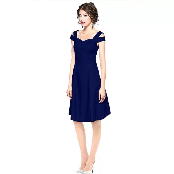 Generic Women's Polyester Solid V Neck Cap Sleeve off Shoulder Dress (Blue) - Image 2