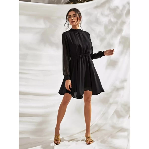 Generic Women's Fox Georgette Solid High Neck Full Sleeve Dress (Black) - Image 4