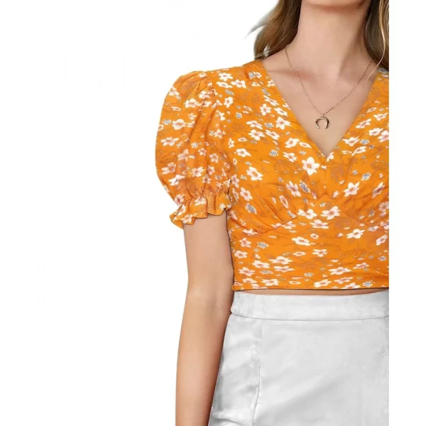 Generic Women's Knitting Printed V-Neck Puff Sleeve Tops (Yellow) - Image 3