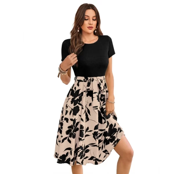 Generic Women's Knitting Printed Round Neck Short Sleeve Dress (Cream) - Image 4