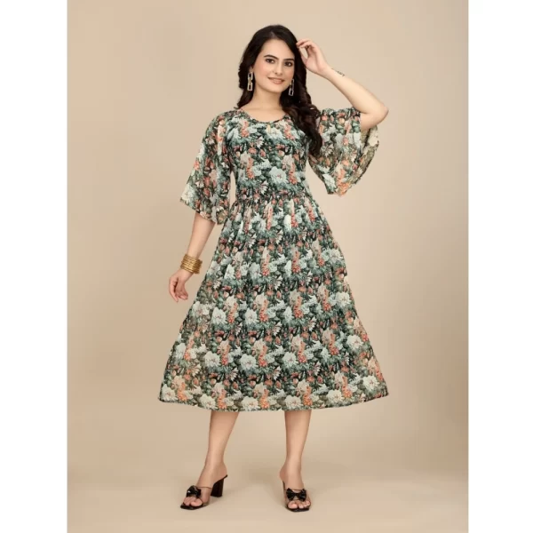 Generic Women's Georgette Printed Round Neck Short Sleeve Dress (Black) - Image 4