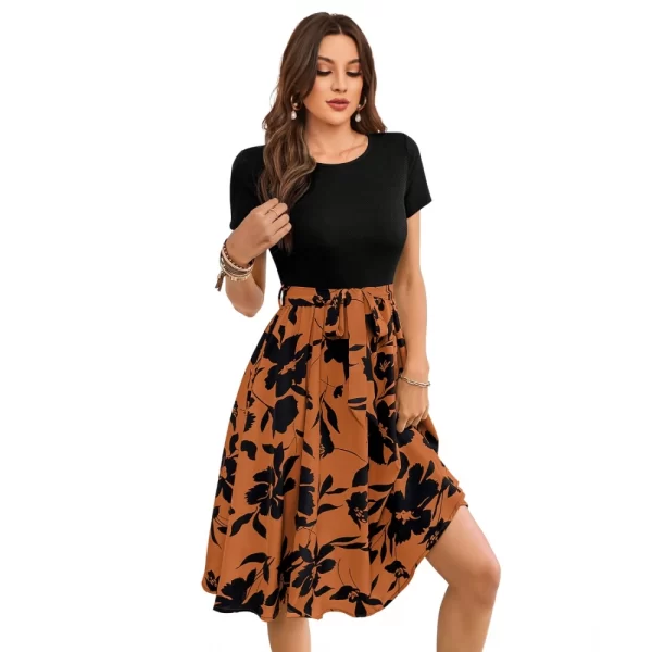 Generic Women's Knitting Printed Round Neck Short Sleeve Dress (Orange) - Image 5