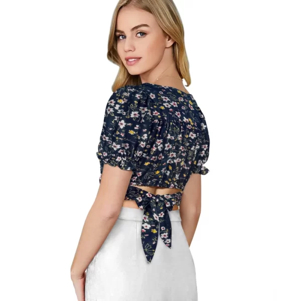 Generic Women's Knitting Printed V-Neck Puff Sleeve Tops (Navy Blue) - Image 4