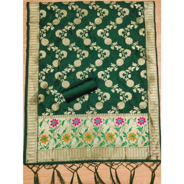 Generic Women's Banarasi Silk Printed Unstitched Salwar Suit Material With Dupatta (Green, 3Mtrs) - Image 4