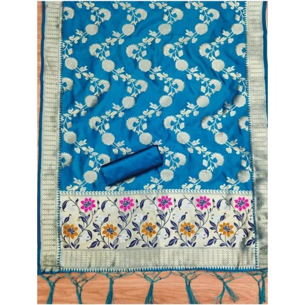 Generic Women's Banarasi Silk Printed Unstitched Salwar Suit Material With Dupatta (Blue, 3Mtrs) - Image 2