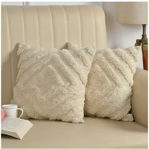 Generic Cotton Tufted Cushion Pillow Cover 16x16 Inch Pack of 2 (Off White)