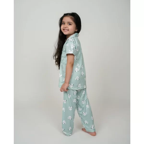 Generic Girl's Silk Bleand Printed Short Sleeve Night Suit Set (Light Green) - Image 3