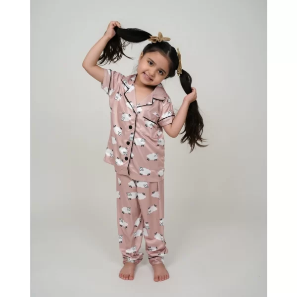 Generic Girl's Silk Bleand Printed Short Sleeve Night Suit Set (Brown) - Image 3