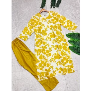 Generic Women's Rayon Printed Round Neck 3-4th Sleeve Kurti With Pant Set (Yellow)