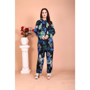 Generic Women's Rayon Printed Mandarin Collar Full Sleeve Co Ord Set (Black)