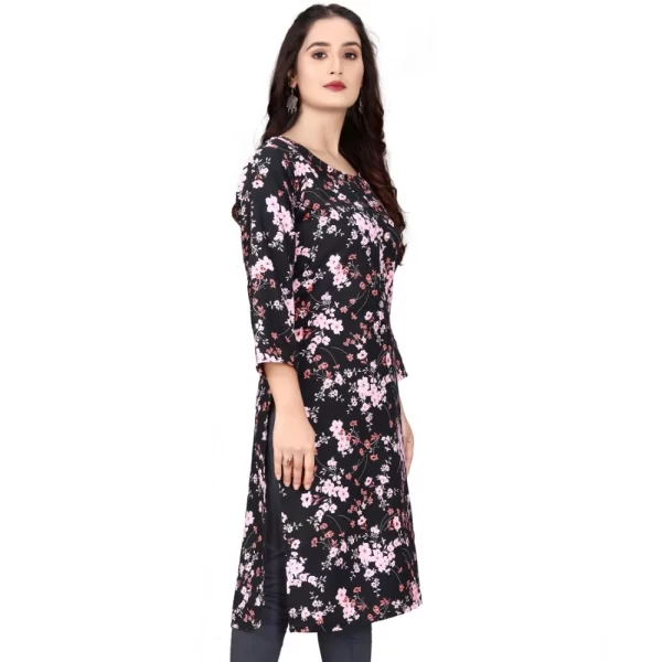 Generic Women's Rayon Printed Round Neck 3-4 th Sleeve Kurti (Black) - Image 4