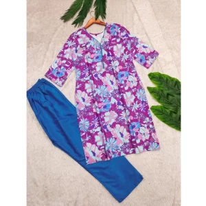 Generic Women's Rayon Printed V Neck 3-4th Sleeve Kurti With Pant Set (Purple)