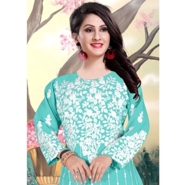 Generic Women's Georgette Printed Round Neck 3-4th Sleeve Kurti (Sky) - Image 3