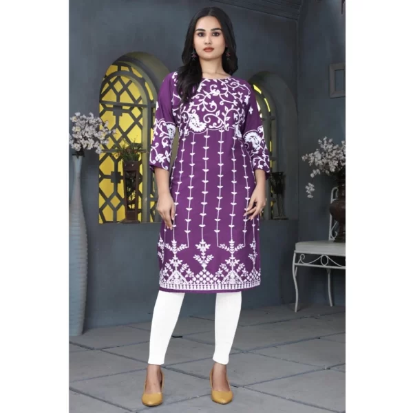 Generic Women's Rayon Printed Round Neck 3-4th Sleeve Kurti (Purple) - Image 4