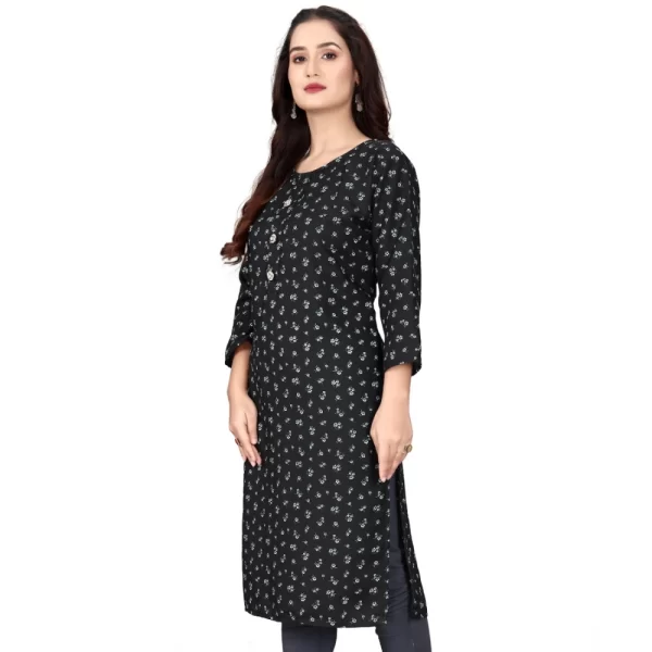 Generic Women's Rayon Printed Round Neck 3-4 th Sleeve Kurti (Black) - Image 3