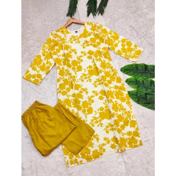 Generic Women's Rayon Printed Round Neck 3-4th Sleeve Kurti With Pant Set (Yellow) - Image 4