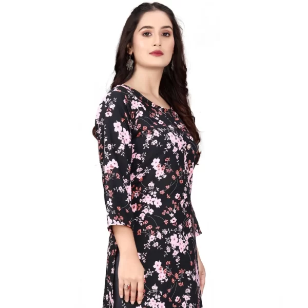 Generic Women's Rayon Printed Round Neck 3-4 th Sleeve Kurti (Black) - Image 3