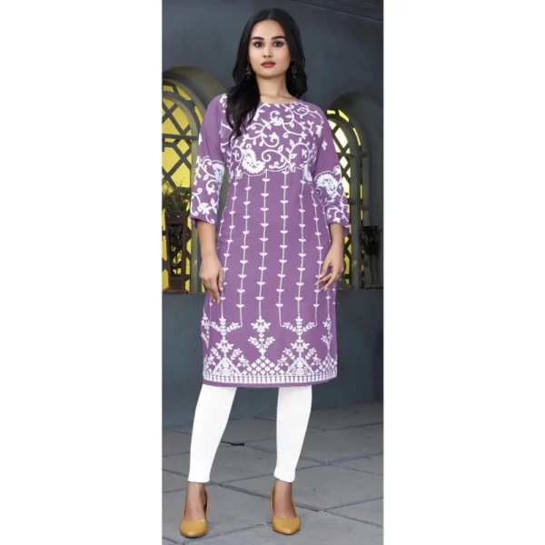 Generic Women's Rayon Printed Round Neck 3-4th Sleeve Kurti (Lavender) - Image 4