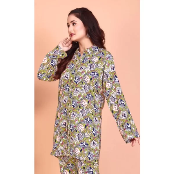 Generic Women's Rayon Printed Mandarin Collar Full Sleeve Co Ord Set (Green) - Image 3