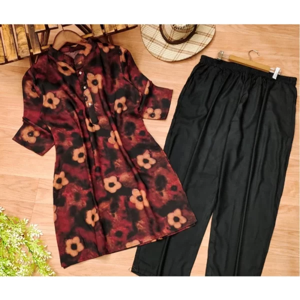 Generic Women's Muslin Printed Mandarin Collar 3-4 th Sleeve Kurti With Pant Set (Black) - Image 3