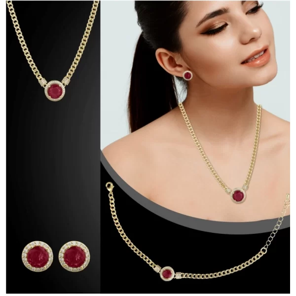 Generic Women's Stainless Steel Red Color Golden Chain Western Combo Jewelry (Gold Plated) - Image 2
