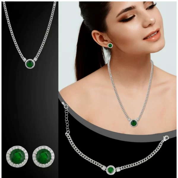 Generic Women's Stainless Steel Green Color Silver Chain Western Combo Jewelry (Silver Plated) - Image 2