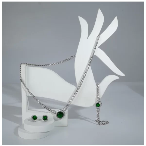 Generic Women's Stainless Steel Green Color Silver Chain Western Combo Jewelry (Silver Plated) - Image 3
