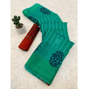 Generic Women's Cotton Blend Printed Saree With Unstitched Blouse (Green, 5-5 Mtrs)