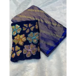 Generic Women's Chiffon Printed Saree With Unstitched Blouse (Dark Blue, 5-5 Mtrs)