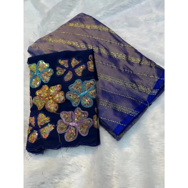 Generic Women's Chiffon Printed Saree With Unstitched Blouse (Dark Blue, 5-5 Mtrs)