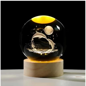 Generic Wood 3D Galaxy Crystal Ball Night Lamp Colorful LED Wooden Dolphin with Moon (Transparent)