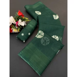 Generic Women's Cotton Blend Printed Saree With Unstitched Blouse (Green, 5-5 Mtrs)