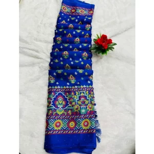 Generic Women's Chiffon Printed Saree With Unstitched Blouse (Blue, 5-5 Mtrs)