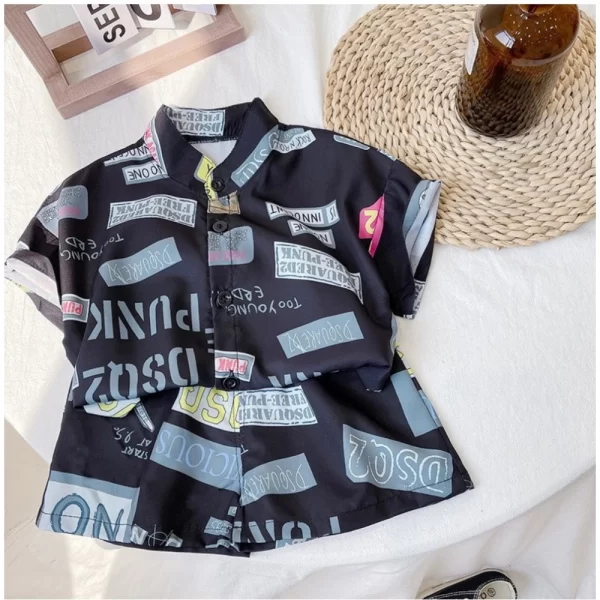 Generic Kid's Lycra Printed Casual wear Shirt And Shorts Set (Black) - Image 3